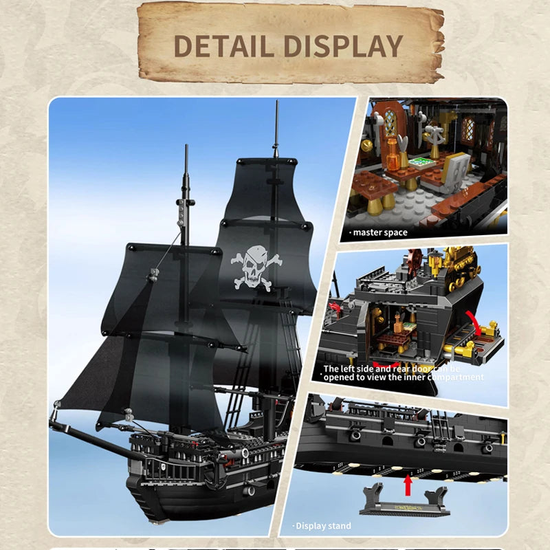 1424PCS Black Pirate Ship Building Blocks Skeleton Ghost Boat Model Assembly Bricks Toys Desktop Decoration Adult Holiday Gifts