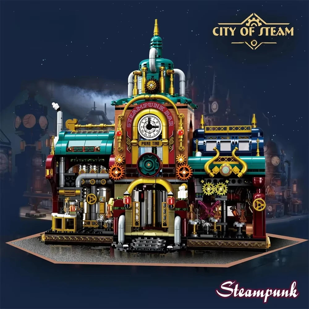 1557pcs Creative Street View Steam Punk Architectures Building Bricks Steampunk Bar Mini Block Model Toys Collection For Gifts